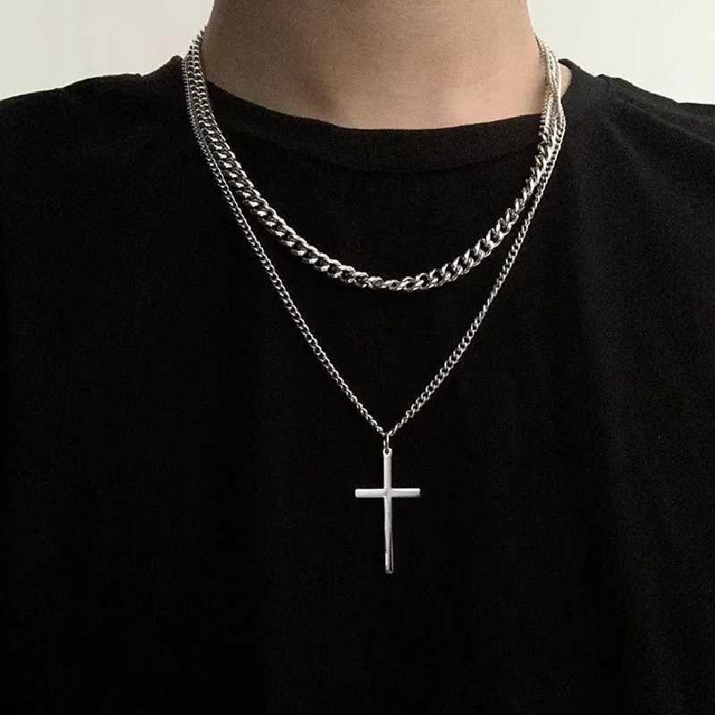 Punk Multilayer Cross Pendant Necklace for Men Women Vintage Minimalist Silver Color Cuban Link Chain Chokers Jewelry Gifts 2024XJ241227