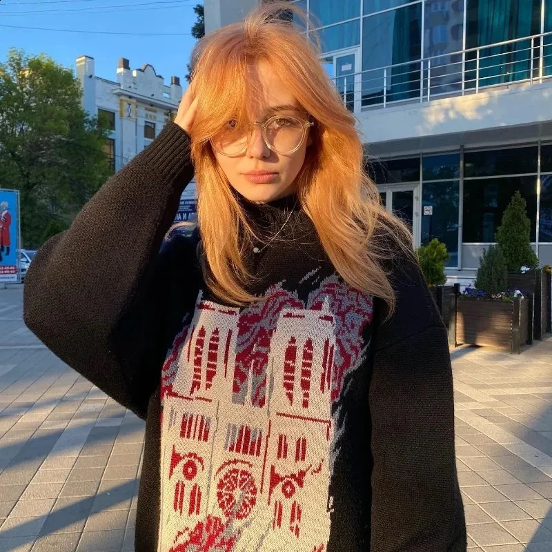 Womens Y2k Harajuku Abstract Architecture Pattern American ONeck Pullover Unisex Sweater Knitted WarmLoose Oversized Sweatshirt 241223