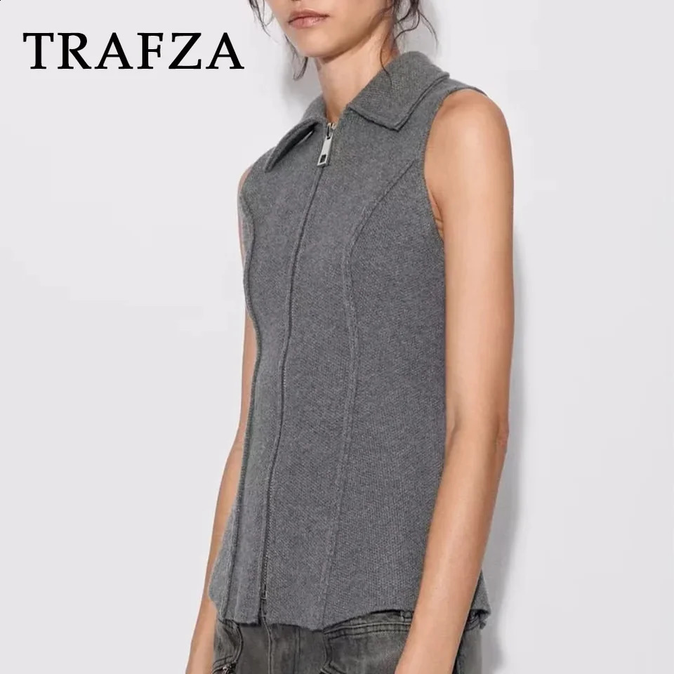 TRAFZA 2023 Women Autumn High Street Sleeveless Knitted Vests Fashion Casual Winter Solid Ruched Turndown Collar Zippers Coats 241220