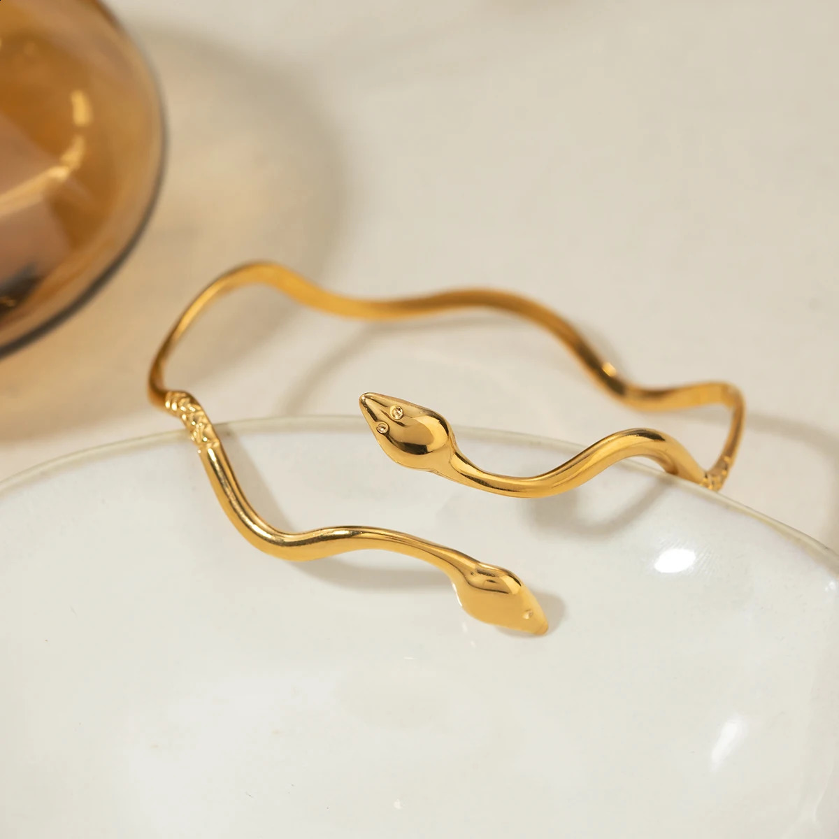 18k Gold Plated Light Cozy Wavy Double-headed Snake n Bracelet Stainless Steel Statement Waterproof Jewelry Women 241227