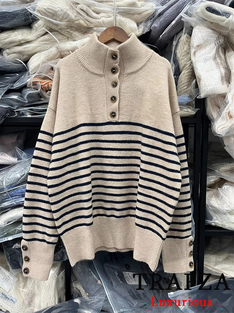 TRAFZA Vintage Casual Women Sweater Striped Stand Collar Long Sleeve Knitted Loose Fashion Autumn Winter Sweaters 241225