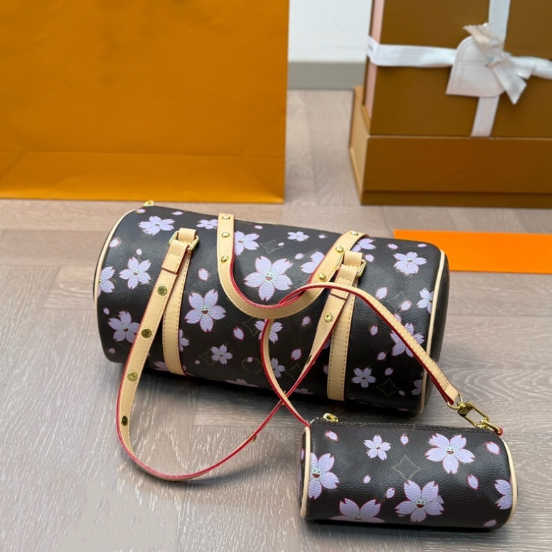 24SS Womens Designer Cherry Blossom Series Round Bucket Leather Tote Paintings Handbag Shoulder Crossbody Purse Pouch With Coins Bag 30CM