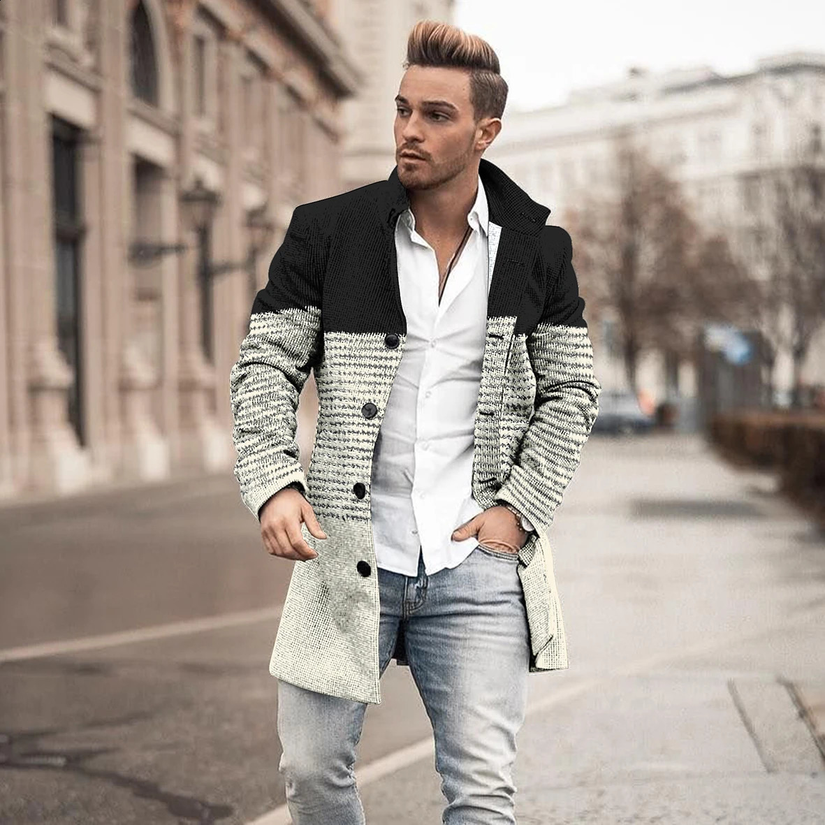 2023 Longfengni 3D Printing Mid Length Coat Pocket Fashion Casual European and American Autumn Winter Mens Jacket S5XL 241220
