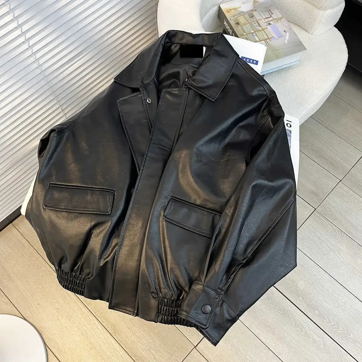 Coffee Color Leather Jacket Loose Fit Casual Style American Vintage Motorcycle Top For Men Hong Kong Sprin 241227