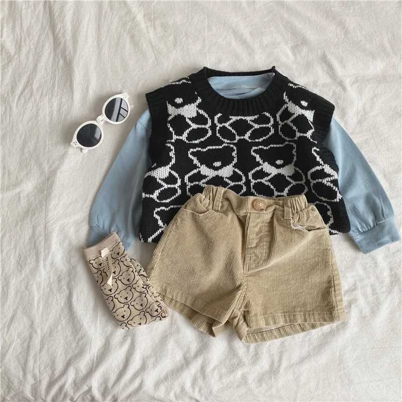 Kids Shorts Autumn Children Clothing Versatile Corduroy Girls Striped Soild Button Elastic Waist New Style Simple Loose W241227