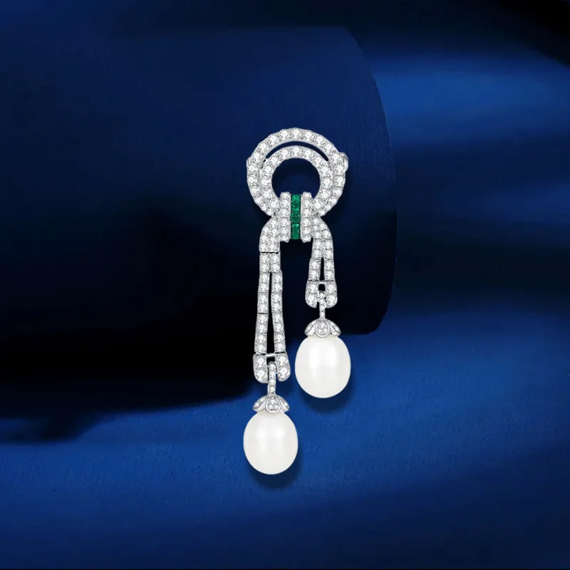Vintage Court Style Asymmetrical Zircon Ribbon Brooch Elegant Freshwater Pearl Geometry Broche for Womans Clothing Accessories 241227