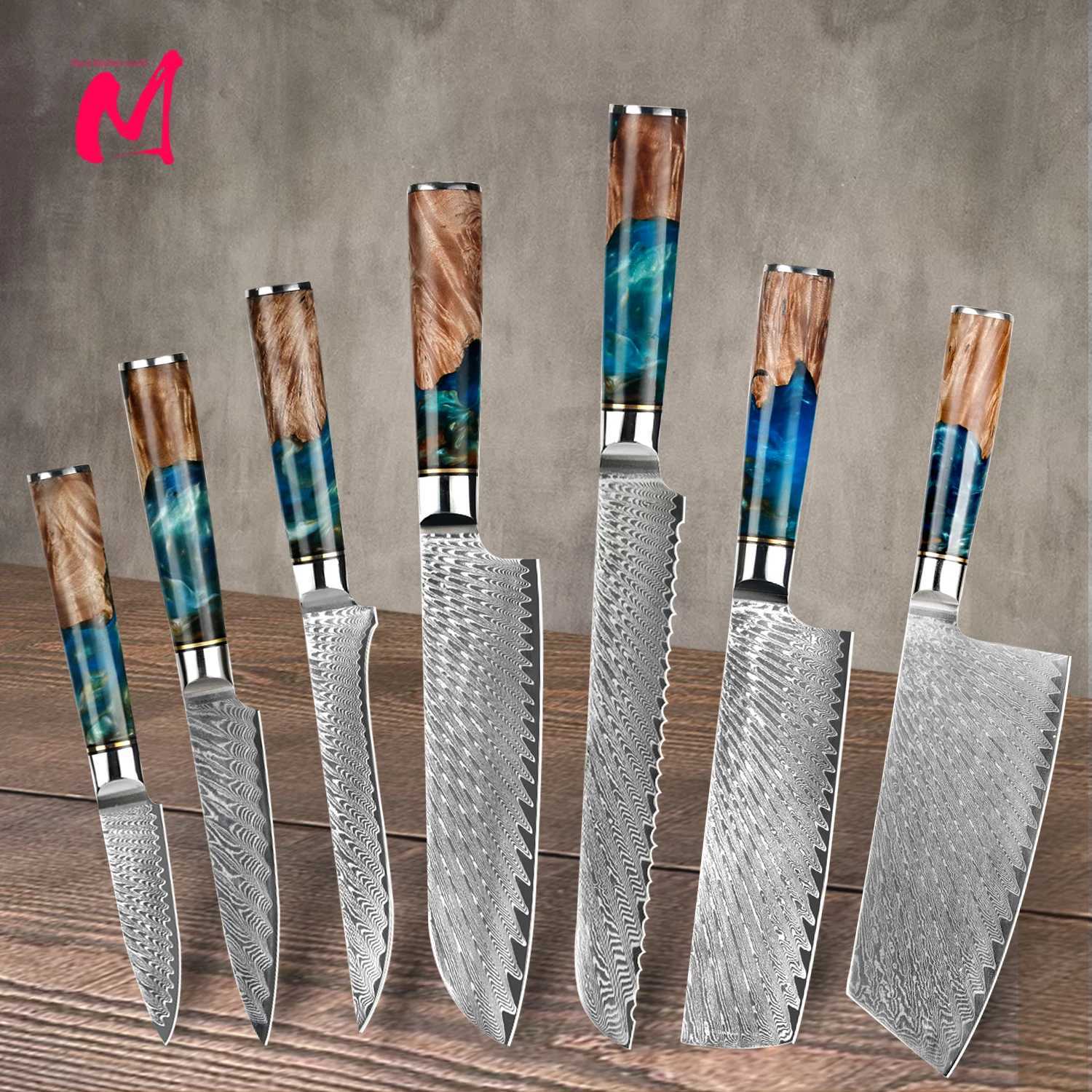 Kitchen Knife Set Damascus Steel VG10 Chef Knife Chop Side Dishes Bread Knife Blue Resin and Colorful Wood Handle Set Y241227