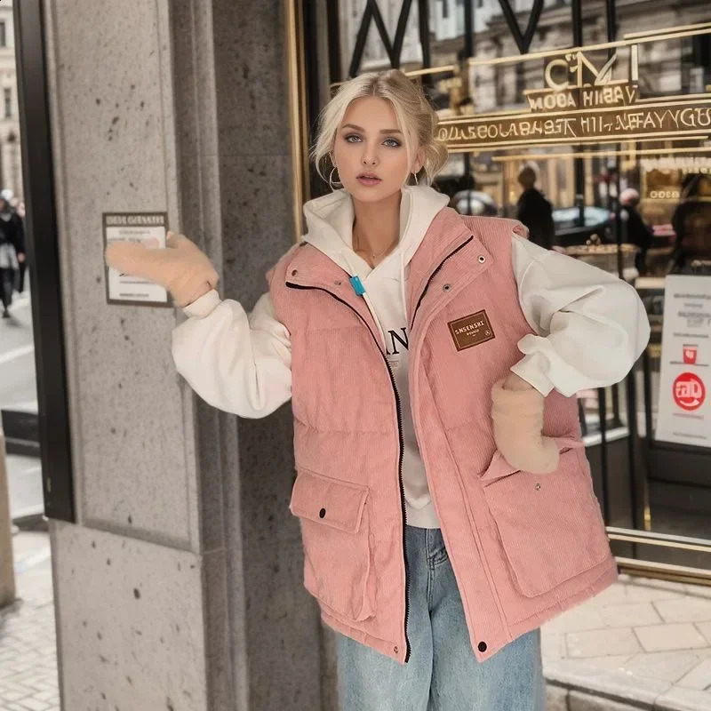 2024 Winter Women Corduroy Cotton Vest Labeling Elegant Fashion Simplicity Thicken Coat Office Lady Cardigan Sleeveless Jacket 241220