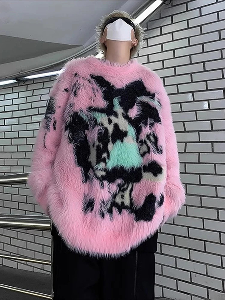 REDDACHIC Pink Plush Graffiti Mohair Sweater for Men Winter Warm Jacquard Jumper Top Loose Casual Knit Top Aesthetic Y2k Clothes 241224