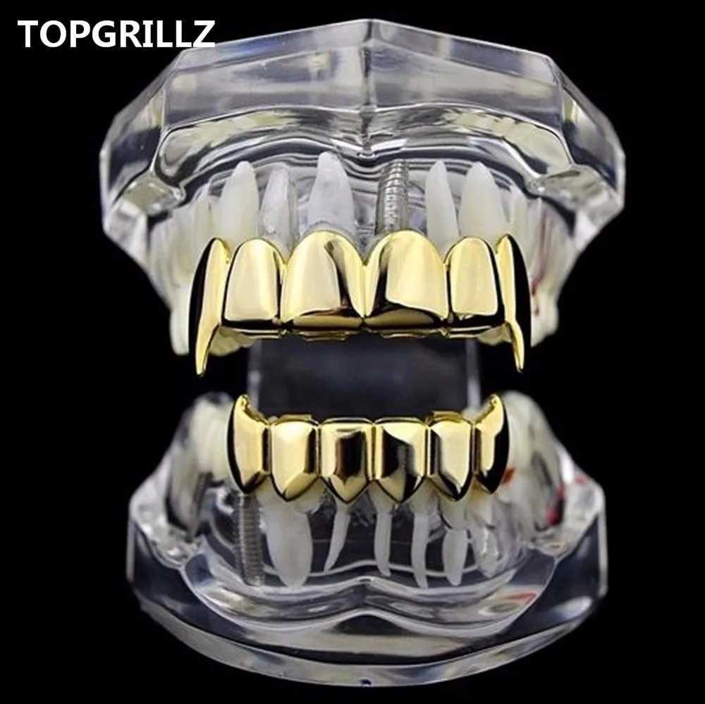 TOPGRILLZ Gold Silver Plated HIP HOP Teeth Grillz Top Bottom Grills Set With sile Real Shiny Vampire Tooth Sets W241227