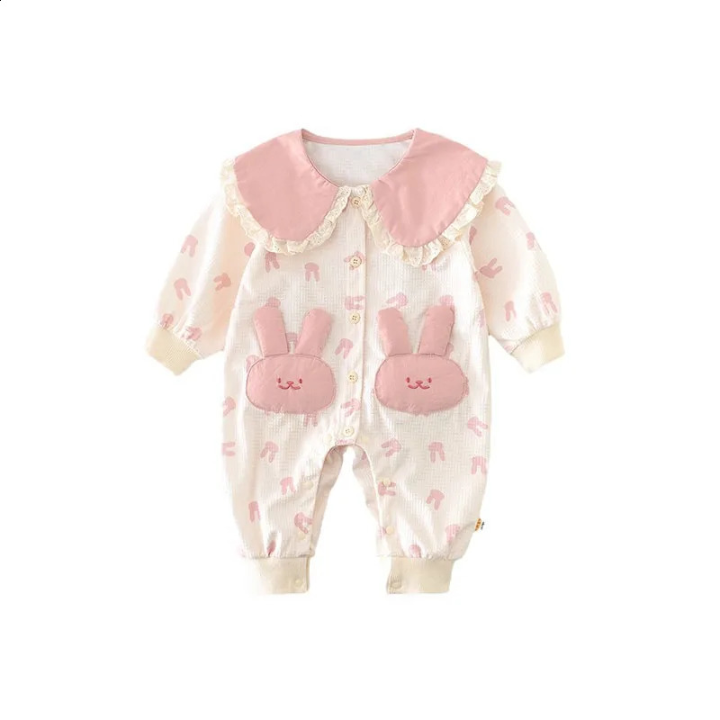 Spring Autumn Baby Bodysuit Full Printed Bunny Pocket Jumpsuit for Infant Girls Cute Peter Pan Collar Toddler One Piece 241226