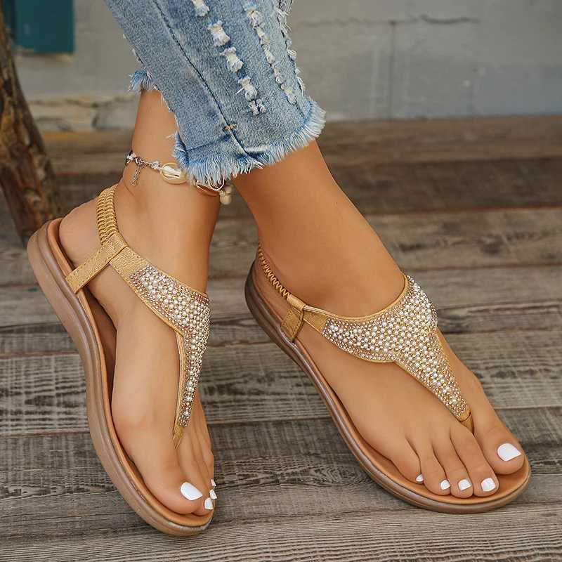 High Quality Shiny Pearl Bohemian Style Flat Sandals Women Summer Clip Toe Beach Sandals Woman Non Slip Rome Shoes Flip Flops Women T241227