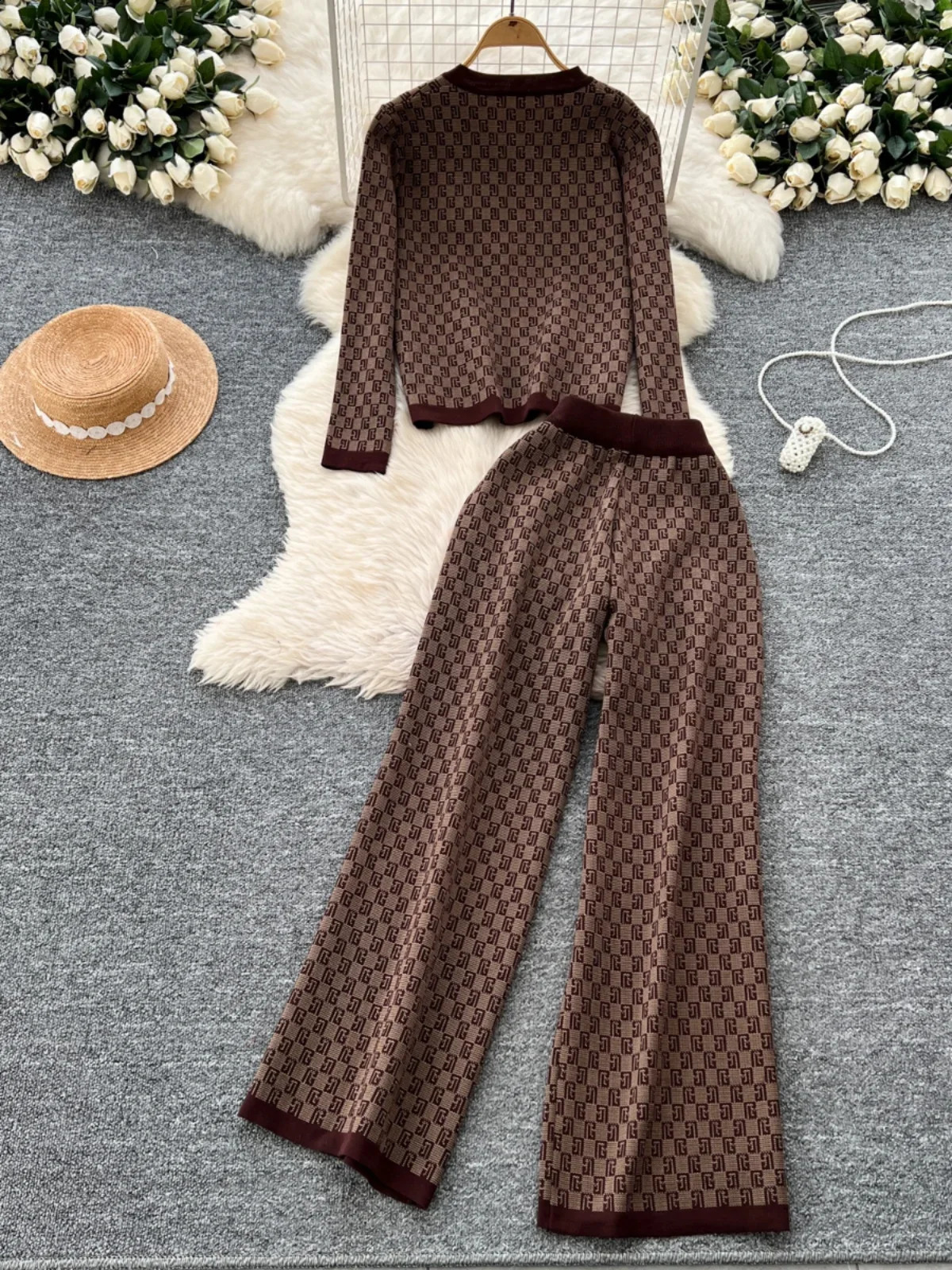 Autumn Winter Printed Knitted Two Piece Sets Women Round Neck Long Sleeve Sweater High Waisted Wide Leg Pants Vintage Tracksuits 241224