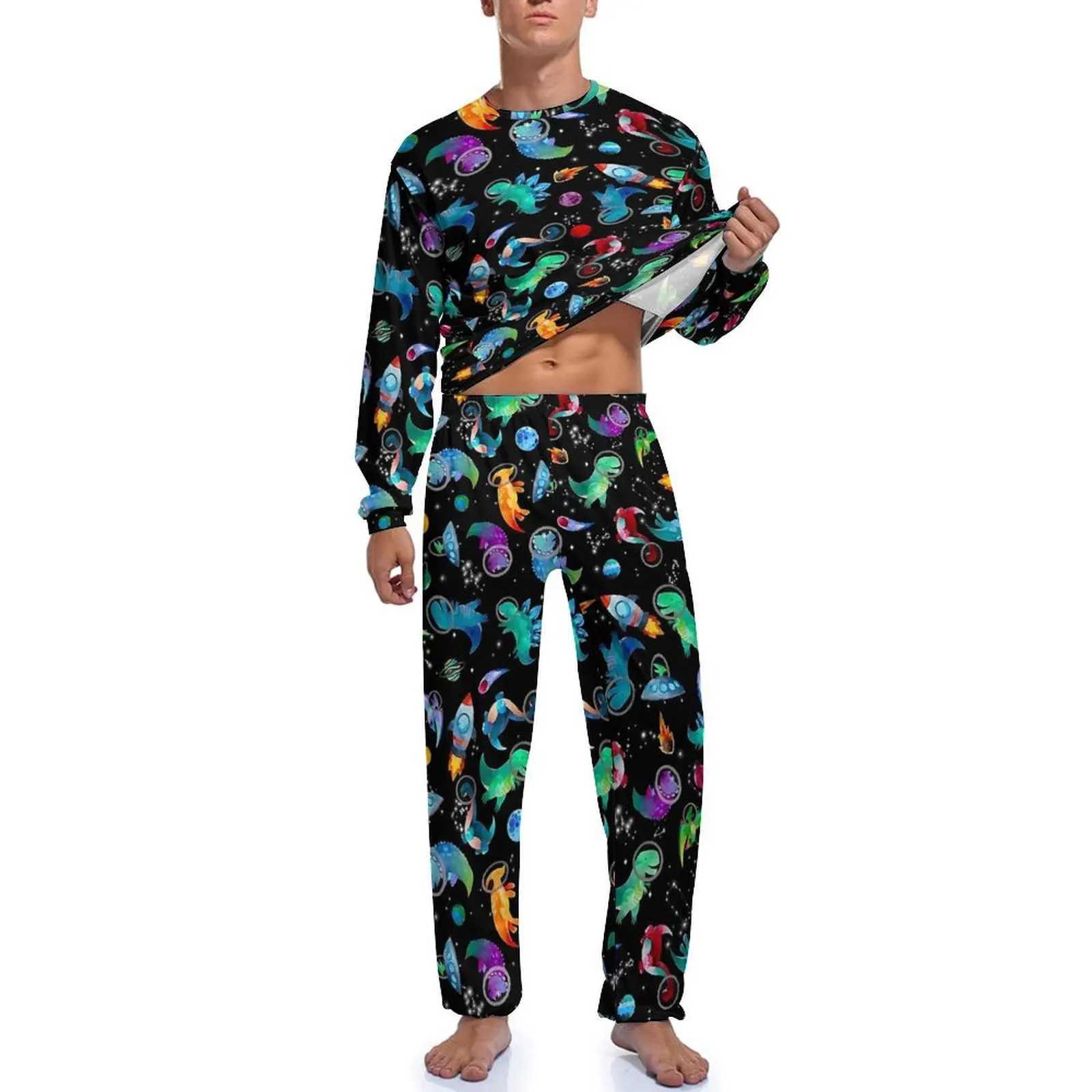 Watercolor Space Dinosaurs Galaxy Print Pajamas Male Long Sleeve Pajama Sets 2 Piece Room Autumn Design Nightwear Birthday GiftXJ241227