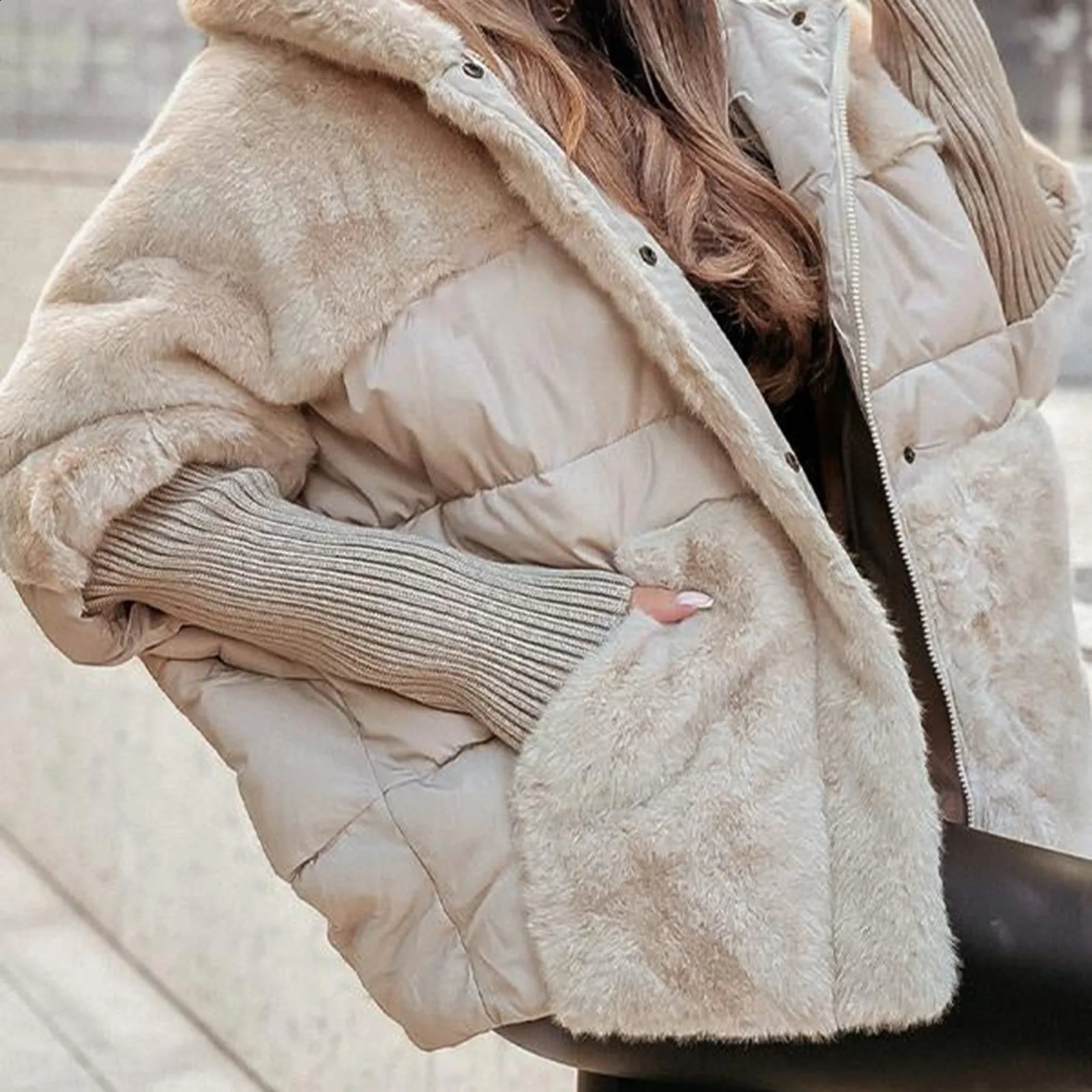 Womens Loose Cotton Coat Faux Fur Patchwork Winter Comfort Chic Long Sleeve Hooded Jacket Female Outwear Overcoat 241223