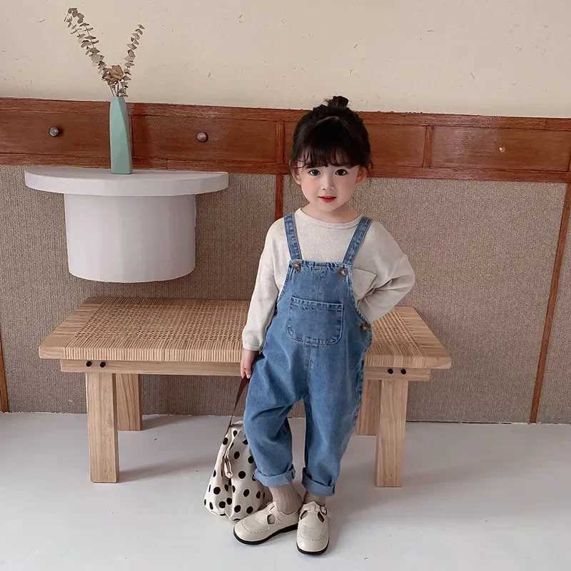 Fall Spring denim baby girl boy wearing solid jeans jumpsuit pocket childrens casual loose jumpsuit blue childrens jacket W241227