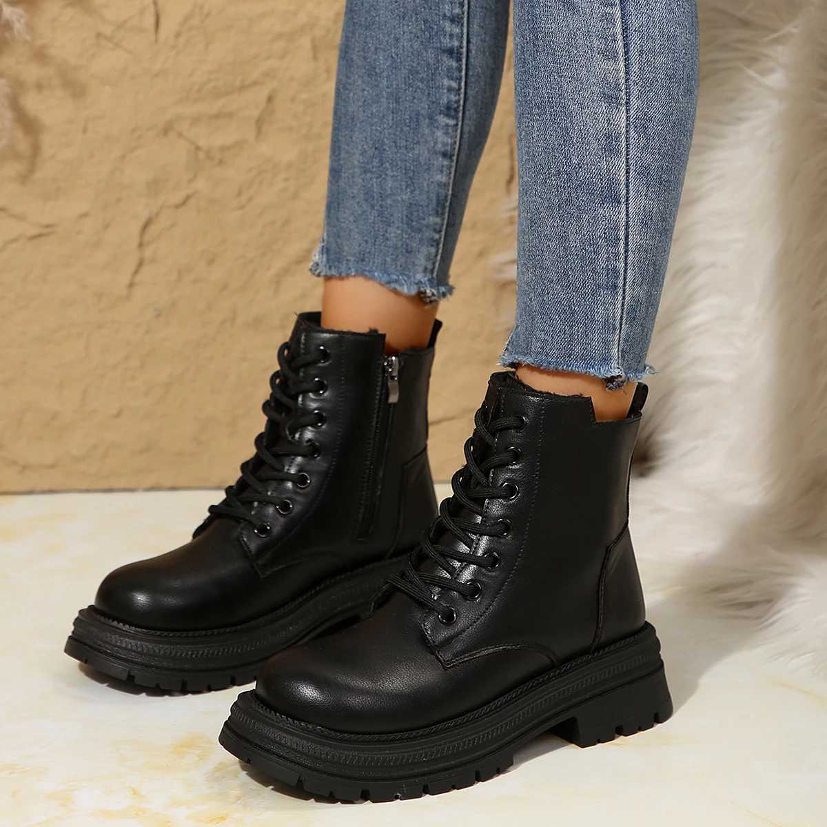 2024 Summer Fall Womens Ankle Boots Classic Beige Black Leather Gothic Fashion Shoes Mid-heel Short Combat Boots Platform ShoesXJ241226
