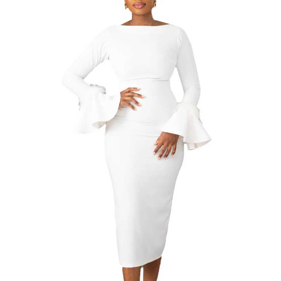 2024 Spring/Summer Long Sleve Elegant White Midi Dress Womens Casual Party Work Business Evening Office Womens Pencil Dress X241226