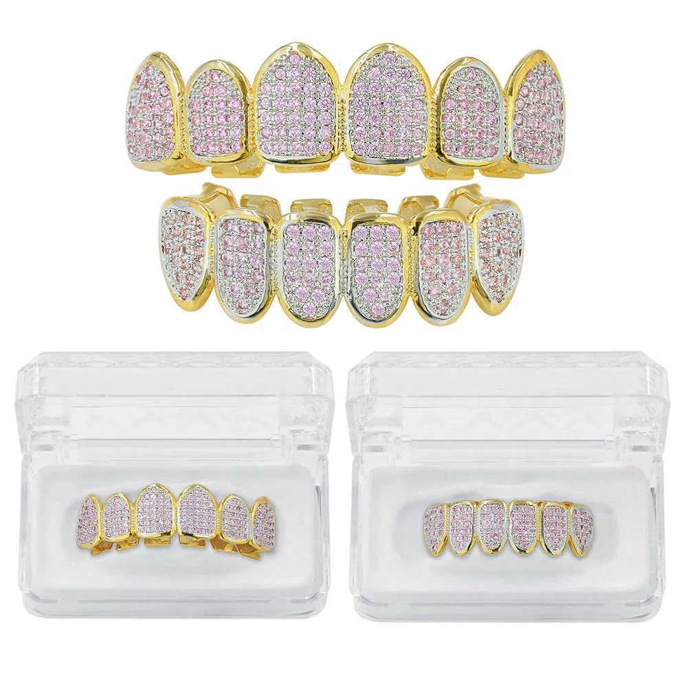 Hip Hop Men Women d Out Cubic Zircon Top Bottom Teeth Grillz Cs Pink CZ Micro Pave Teeth Grills Halloween Cosplay Jewelry W241227