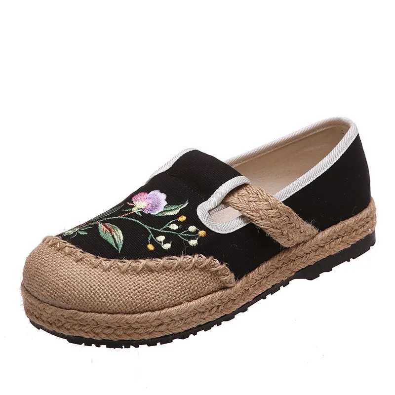 High Quality Womens Linen Canvas Shoes Retro Bohemian Slip-On Flat Comfortable Loafers Ladies Casual Embroidered Hemp Sole Sneakers T241227