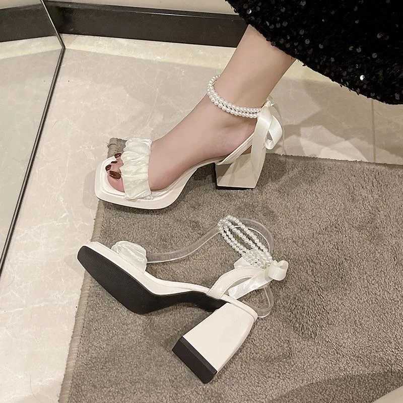 High Quality Comfort Shoes for Women Pearl Sandals Suit Female Beige Increasing Height Block Heels All-Match Black Bow Fashion Chunky Gi T241227
