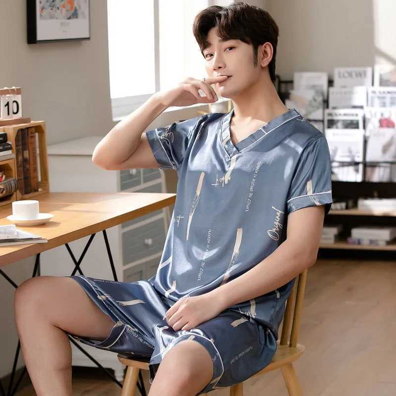 Silk Pajama Sets Men Two Pieces Sleepwear Short Sleeve Top Shorts Summer Loungewear Print High Quality Nightwear Thin PajamasXJ241227