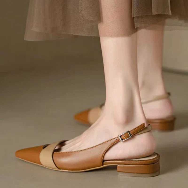 High Quality Summer New Fashionable Pointed Leather Face Color Block Light Mouth Womens Comfortable Sandals for External Wearing T241227