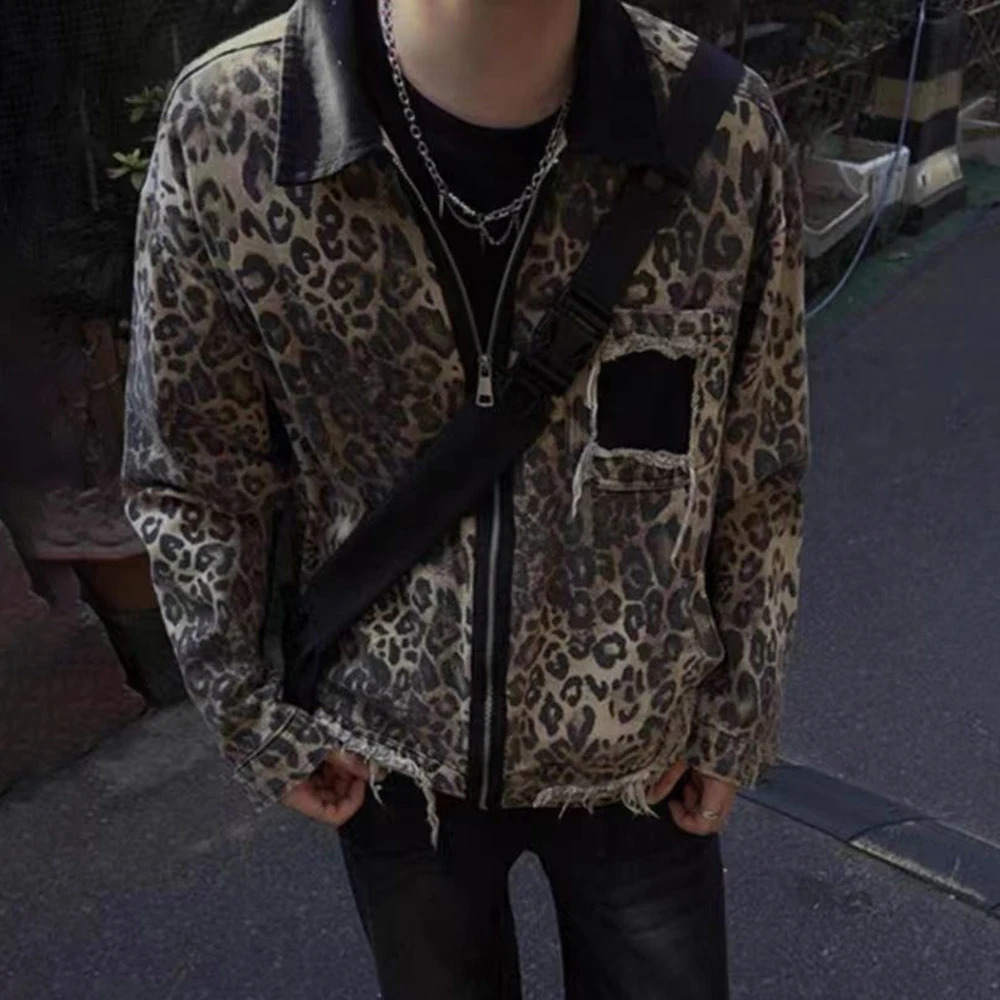 American Street Fashion High-End Raw Edge Contrast Leopard Print Y2k Jacket Autumn And Winter Niche Leisure Loose Hip-Hop Jacket 241224
