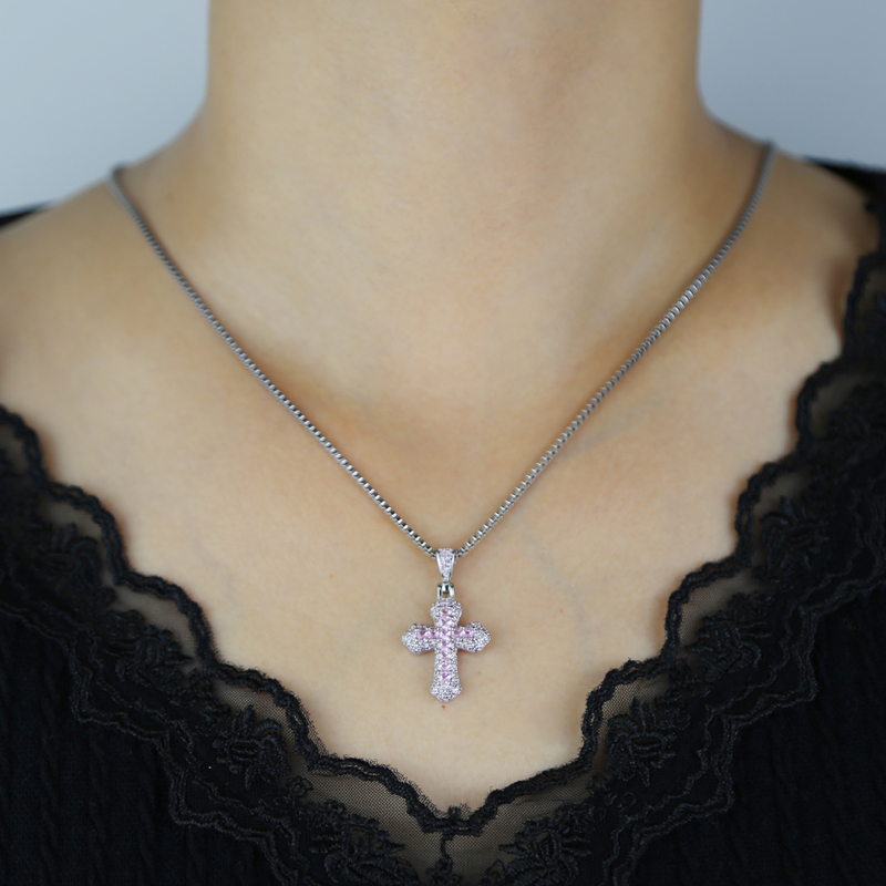 sdzstone Real 925 Sterling Silver Cross Pendant Micro Pave Bling Cz Pink White Cubic Zirconia Necklace for Women Classic Fashion