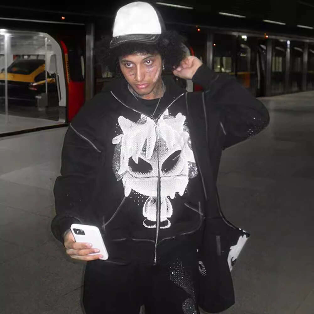 Male female street printed hooded cardigan with zipper loose fit sweatshirt pants Y2K autumn and winter