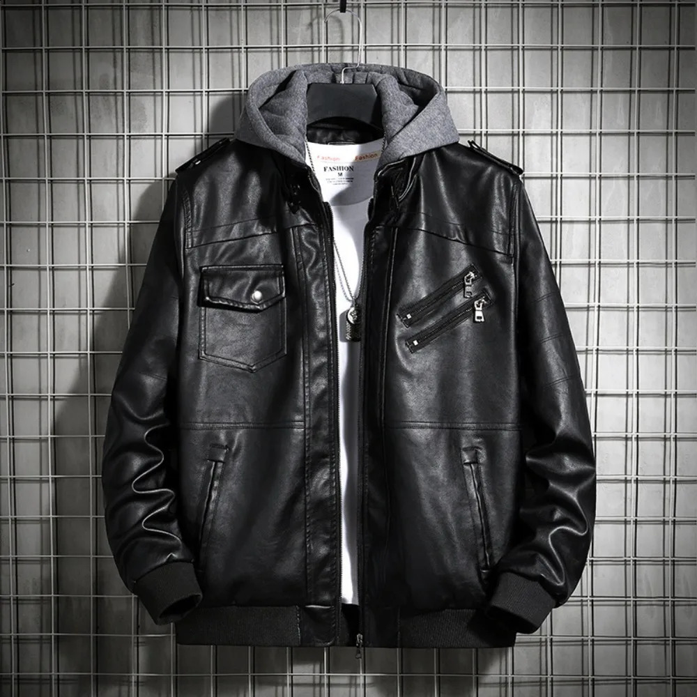 Hooded Leather Jacket Mens Winter PU Coat Teenage Jackets Motorcycle Harajuku 241227