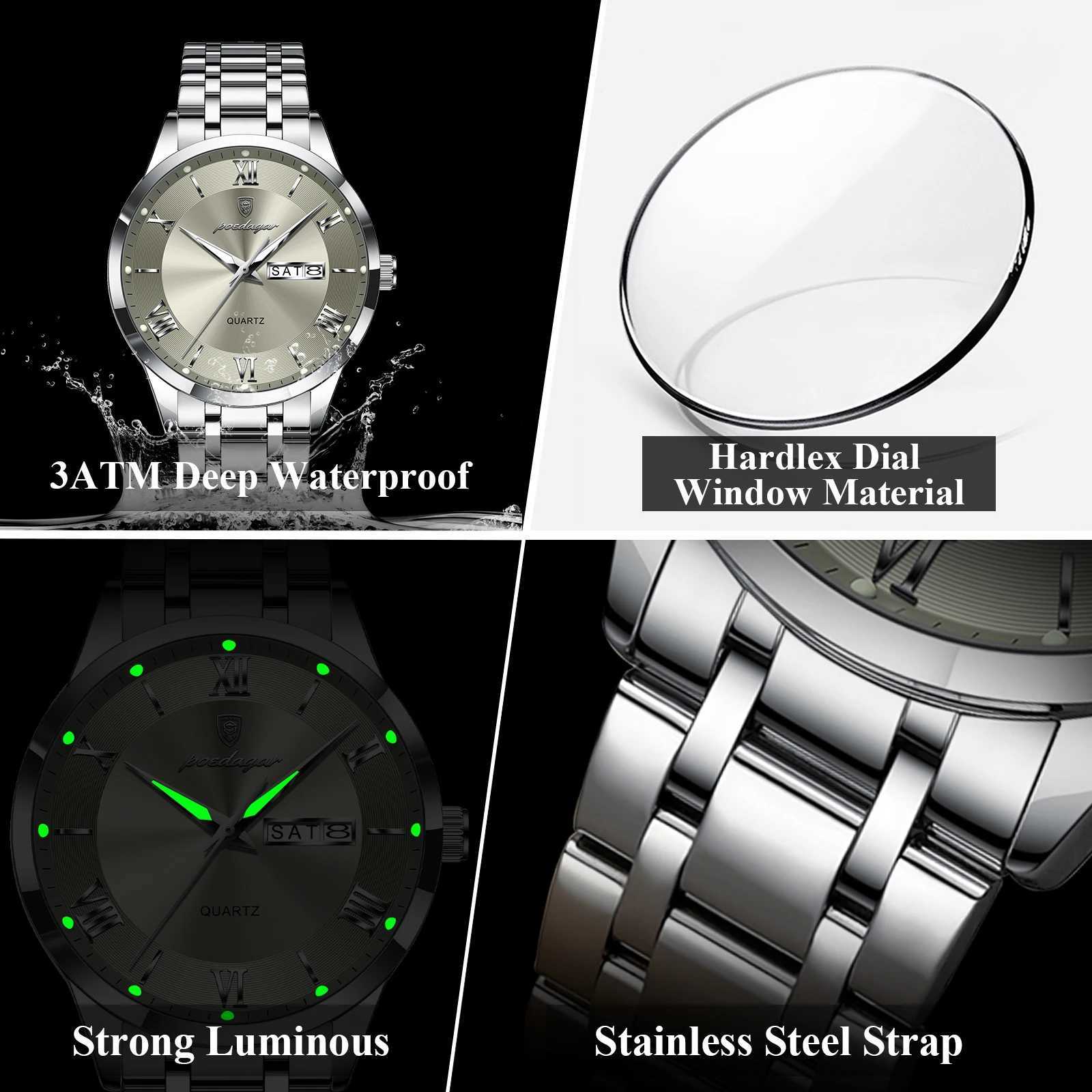 Poedagar Luxury Fashion Mens Watch Waterproof Luminous Week Date Sports Mens Watch Stainless Steel Mens Quartz Watch Reloj M241226
