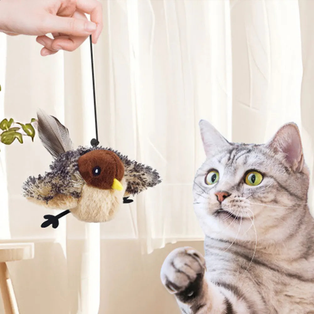 Interactive Cat Toys Flying Bird Cat Toy Flapping Wings Sparrow Catnip Toy Electric Squeaky Simulation Bird Plush Toy for Cats 241224