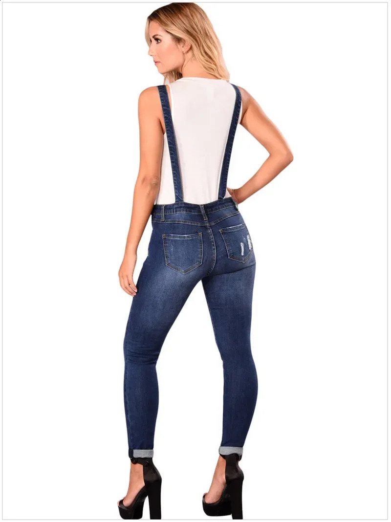 Summer Denim Jumpsuit Women Overall Rompers Jeans Pants Casual Hole Trousers Female High Waist Slim Pencil 241224Z
