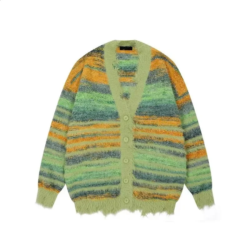 Autumnwinter Fashionable Casual Color Blocking Striped Sweater Cardigan For Men Women Gradient Sleeve Knit Jacket Couples Wear 241226