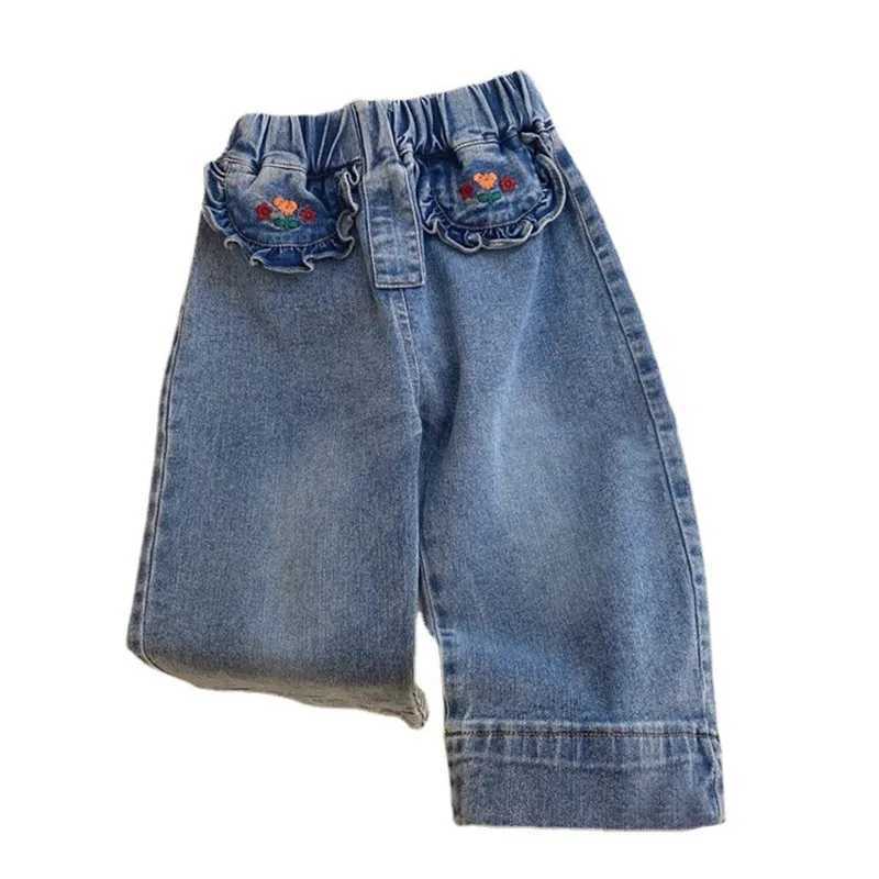 Girls Loose Jeans Children Temperament Straight Pants Girls Fashionable Embroidered Wide Leg Pants W241227