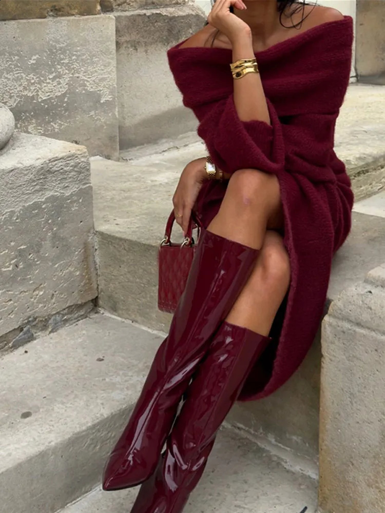 Women Burgundy Knitted Long Sweater Fashion Offtheshoulder Pullover Dress Fall Winter Female Party Outfit 241218