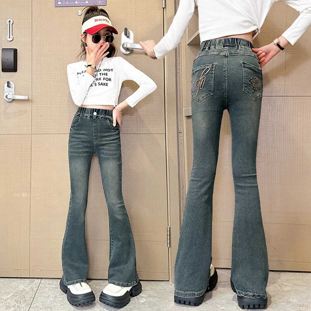 Spring Autumn Fashion Jeans for Girls New Arrvial Kids Vintage Tight Denim Flare Pants Teenage Childrens Slim Trousers 5-14Year W241227