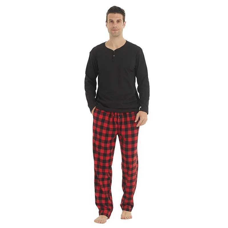 Mens Pajama Sets Long Sleeve Flannel Pajama Bottoms Mens Loungewear Sets Soft Warm Plaid Pj Set for Men Button ShirtXJ241227