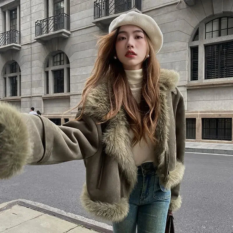 Fur Coat Suede Short Motorcycle Wear Jacket Clothing Korean Fashion Casual Winter Tops 241223
