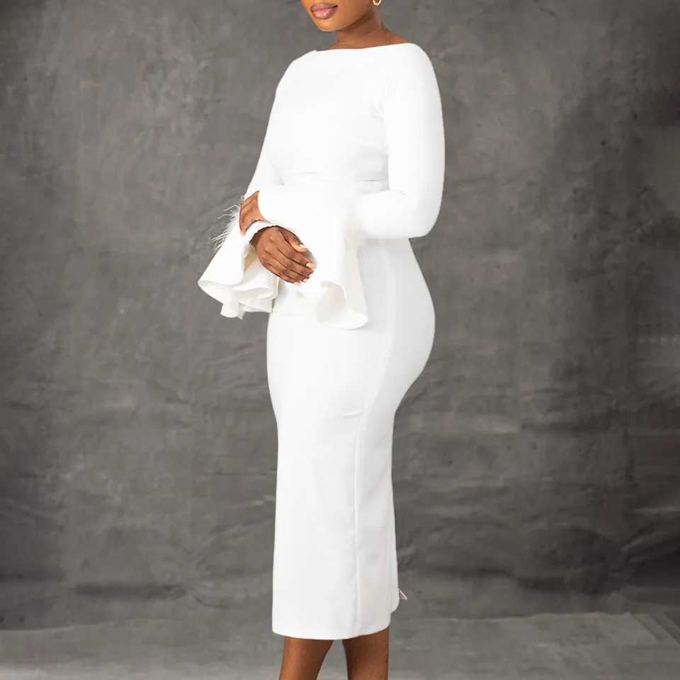 2024 Spring/Summer Long Sleve Elegant White Midi Dress Womens Casual Party Work Business Evening Office Womens Pencil Dress X241226