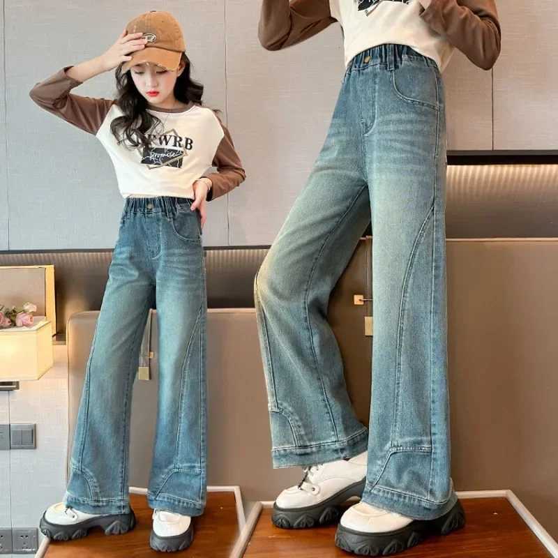 2024 Spring and Autumn Girls Straight Leg Wide-leg Jeans Kids Big Kids Girls Junior High School 12 Years Old Blue Pants W241227