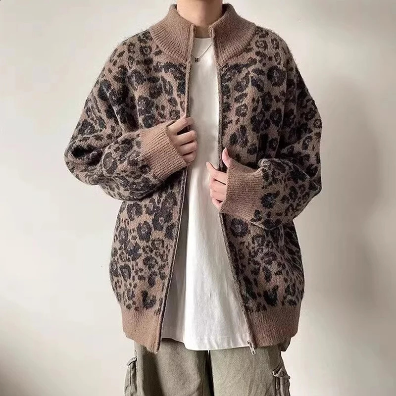 Stylish Leopard Sweater Jackets Men Streetwear Vintage Y2K Style Stand Collar Knitted Jacket Coat Mens Fall Winter Casual Coats 241224