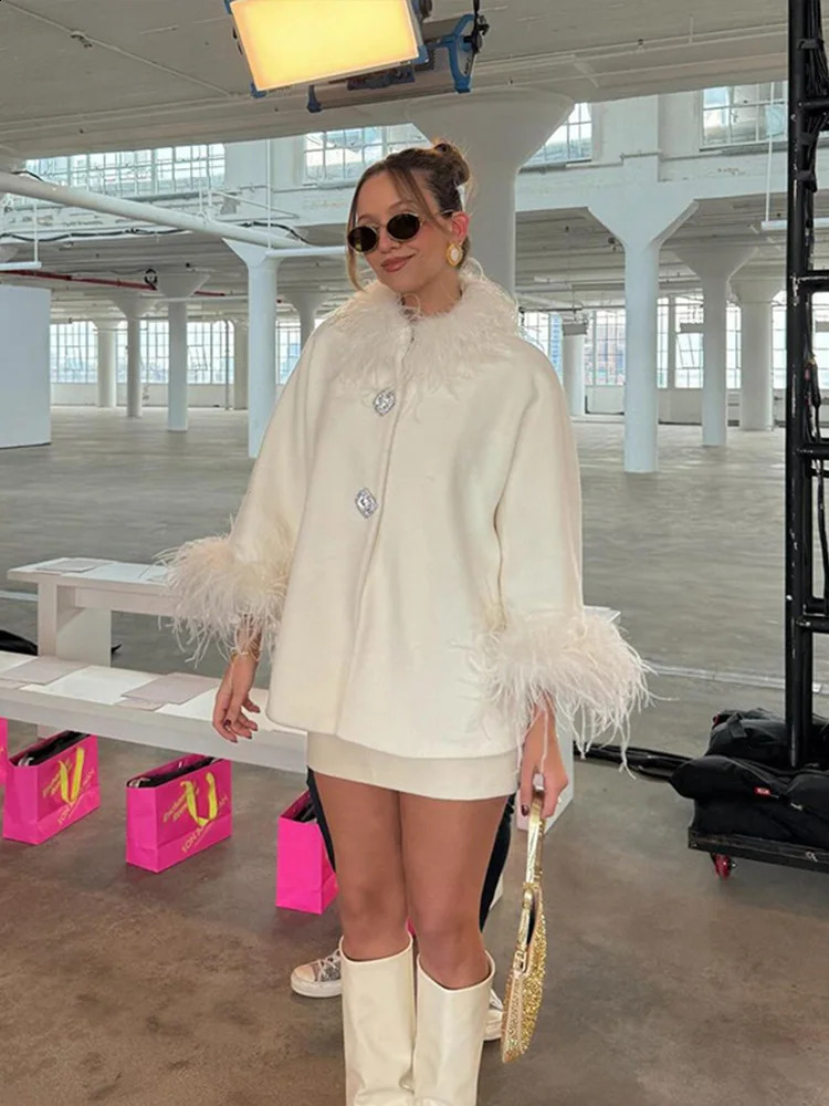 Elegant Feather Collar Cape Coats For Women Casual Solid Single Breasted Jackets Lady Autumn Chic Loose High Street Outwear Tops 241230