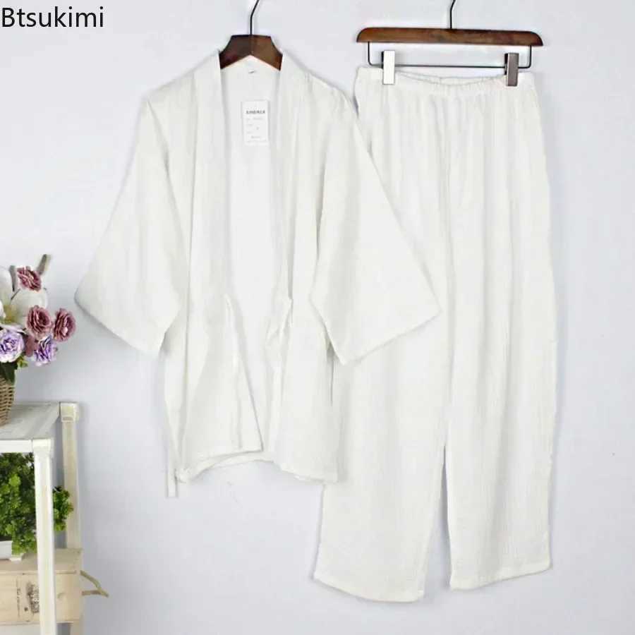 2025 Japanese Kimono Mens Solid Pajamas Two-pieces Simple Cotton Crepe Cloth Plus Size Lace-up Tops Trousers Home Service SetsXJ241227