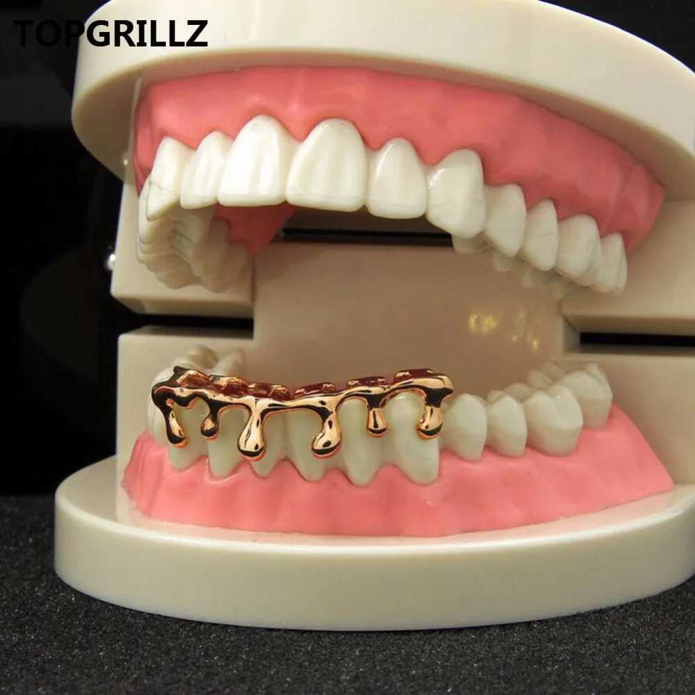 TOPGRILLZ Fit Light Yellow Gold Rose Plated Hip Hop Tooth Drop Grill CS Bottom Grill Silver Grill W241227