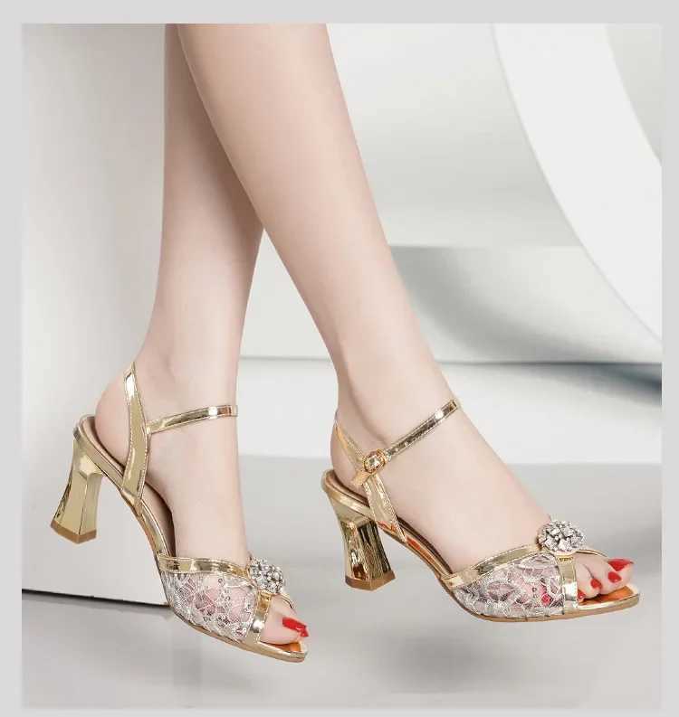 High Quality Summer Women Sandals FAshion Gold RhinESTone Thin High Heel Shoes Ladies Elegant Party Dress Sandals T241227