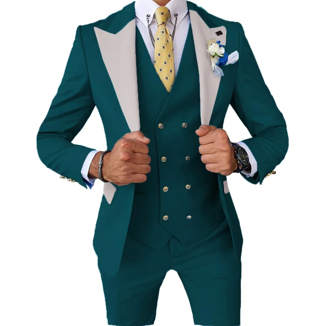 Teal Green Suit for Menformal Jacket with Peak Lapel CelebritiesElegant Man Suit3 Pieces Blazer Vest and Pants Set 241227