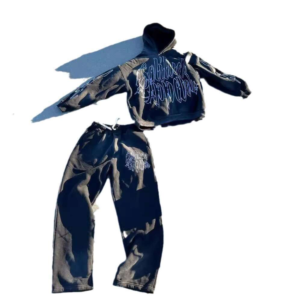 Autumn Winter High Street Pattern Printed Y2K Hoodie Elastic Waist Wide Leg Pants Trendy Men's and Women's Set Batch