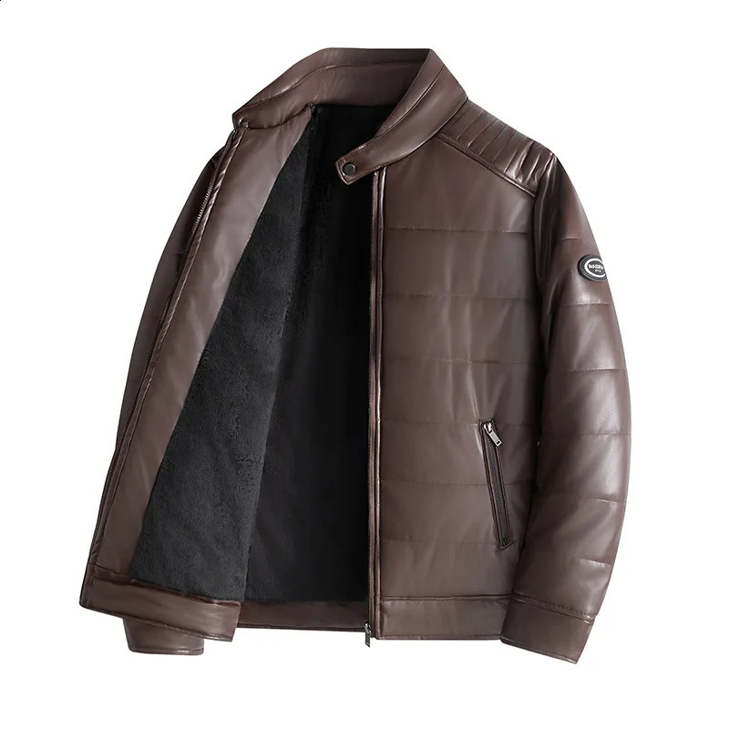 MaiDangDi White Mens Leather Jacket Fashionable PU Men Stand Up Collar Warm Short Velvet Lining Clothing 241227